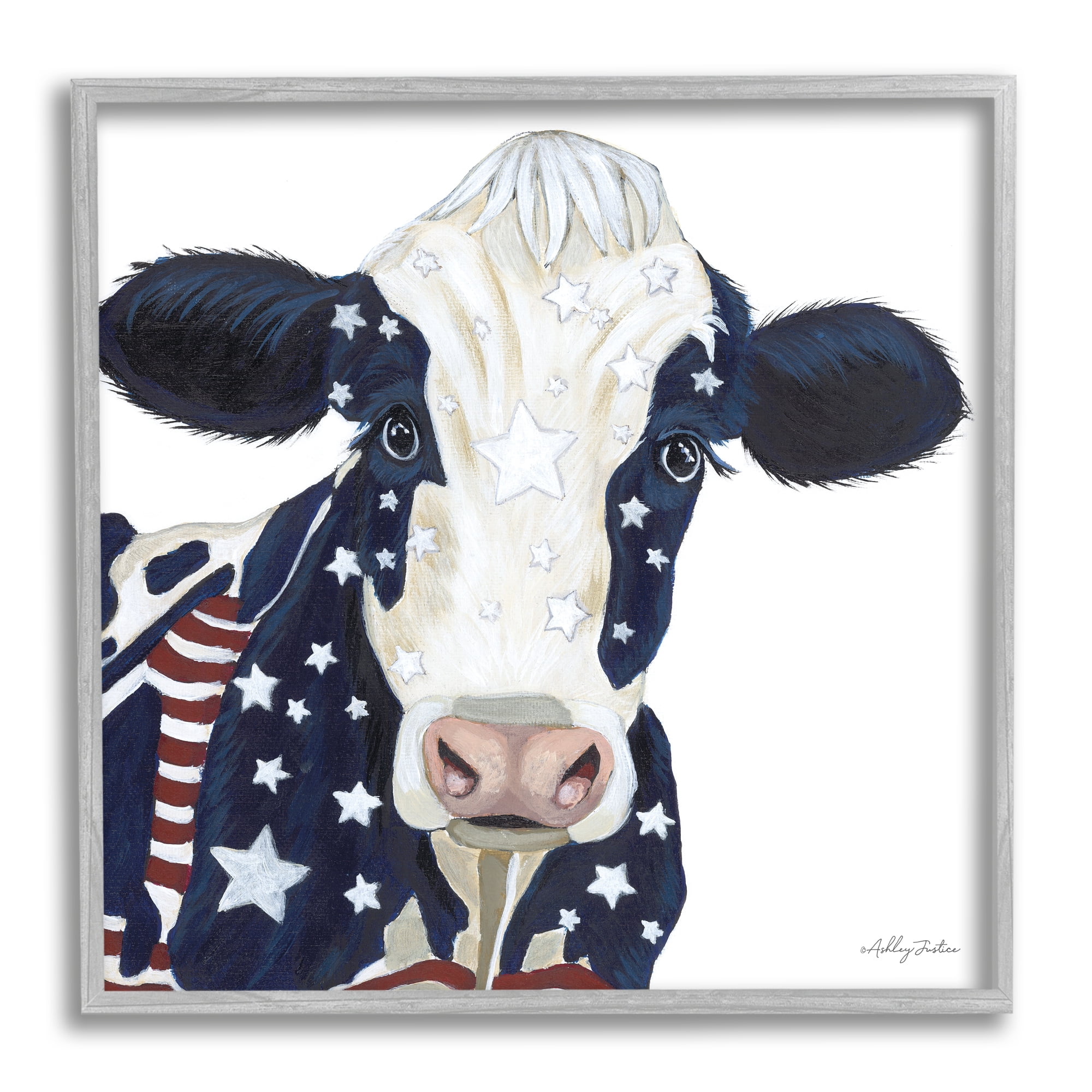 Stupell Country Americana Cow Flag Pattern Animals & Insects Painting Gray Framed Art Print Wall Art
