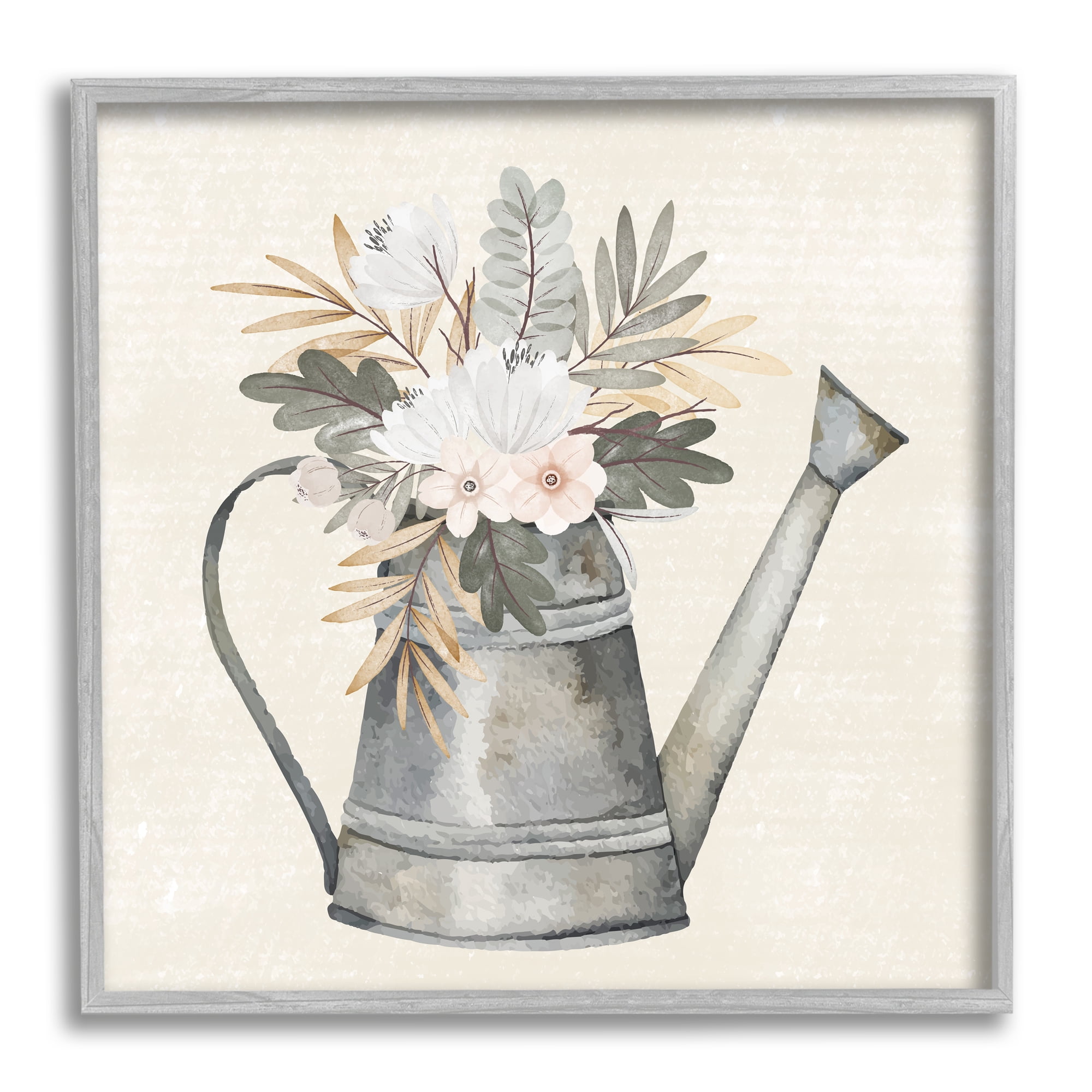 Stupell Country Botanical Watering Can Bouquet Botanical & Floral Painting Gray Framed Art Print Wall Art