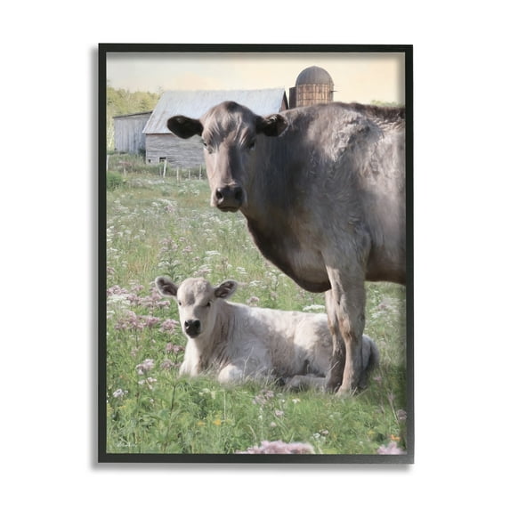 Stupell Country Cattle & Calf Farm Meadow Animals & Insects Photography Black Framed Art Print Wall Art