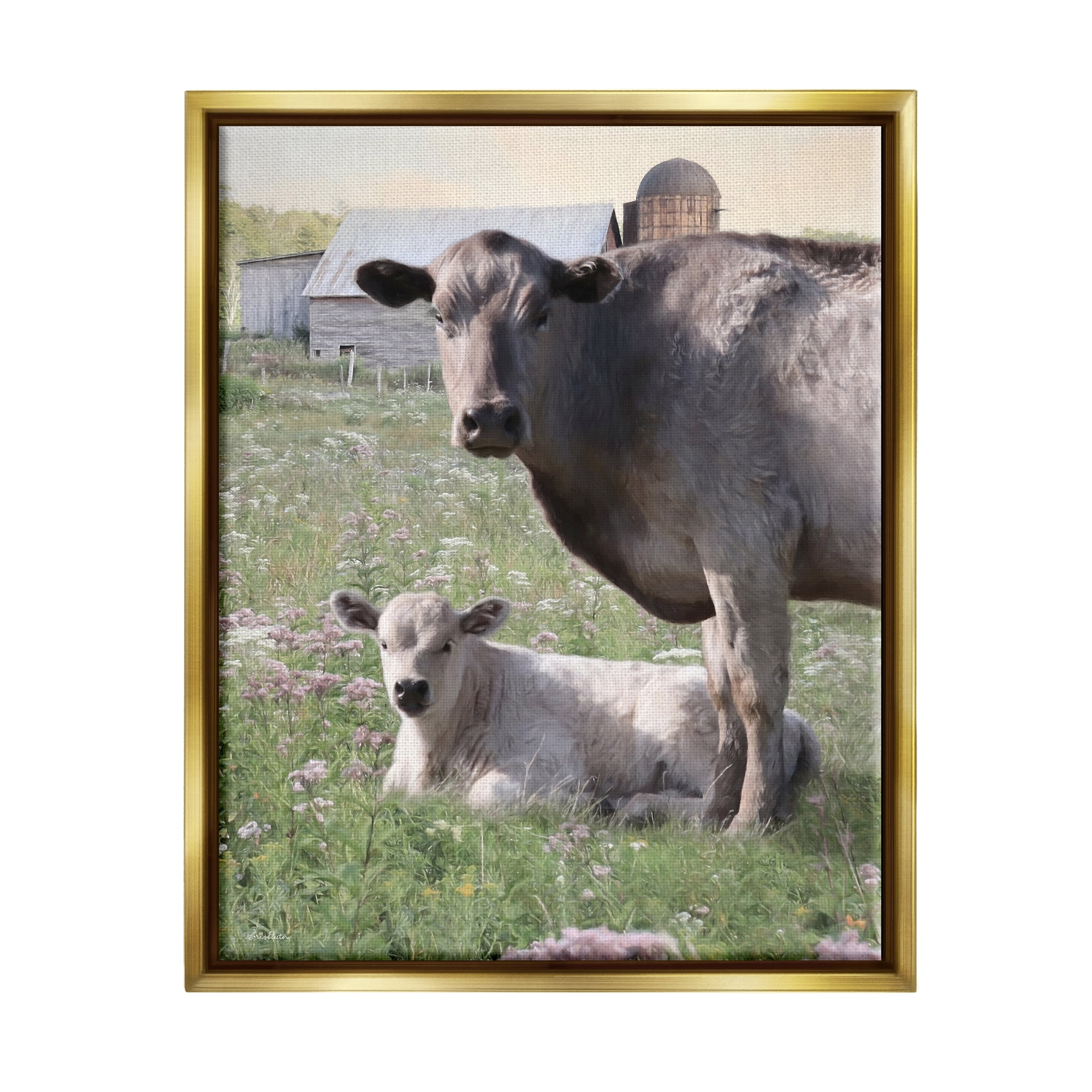 Stupell Country Cattle & Calf Farm Meadow Animals & Insects Photography Gold Floater Framed Art Print Wall Art