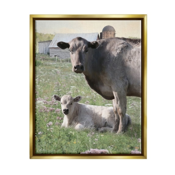 Stupell Country Cattle & Calf Farm Meadow Animals & Insects Photography Gold Floater Framed Art Print Wall Art