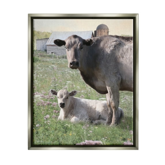 Stupell Country Cattle & Calf Farm Meadow Animals & Insects Photography Gray Floater Framed Art Print Wall Art