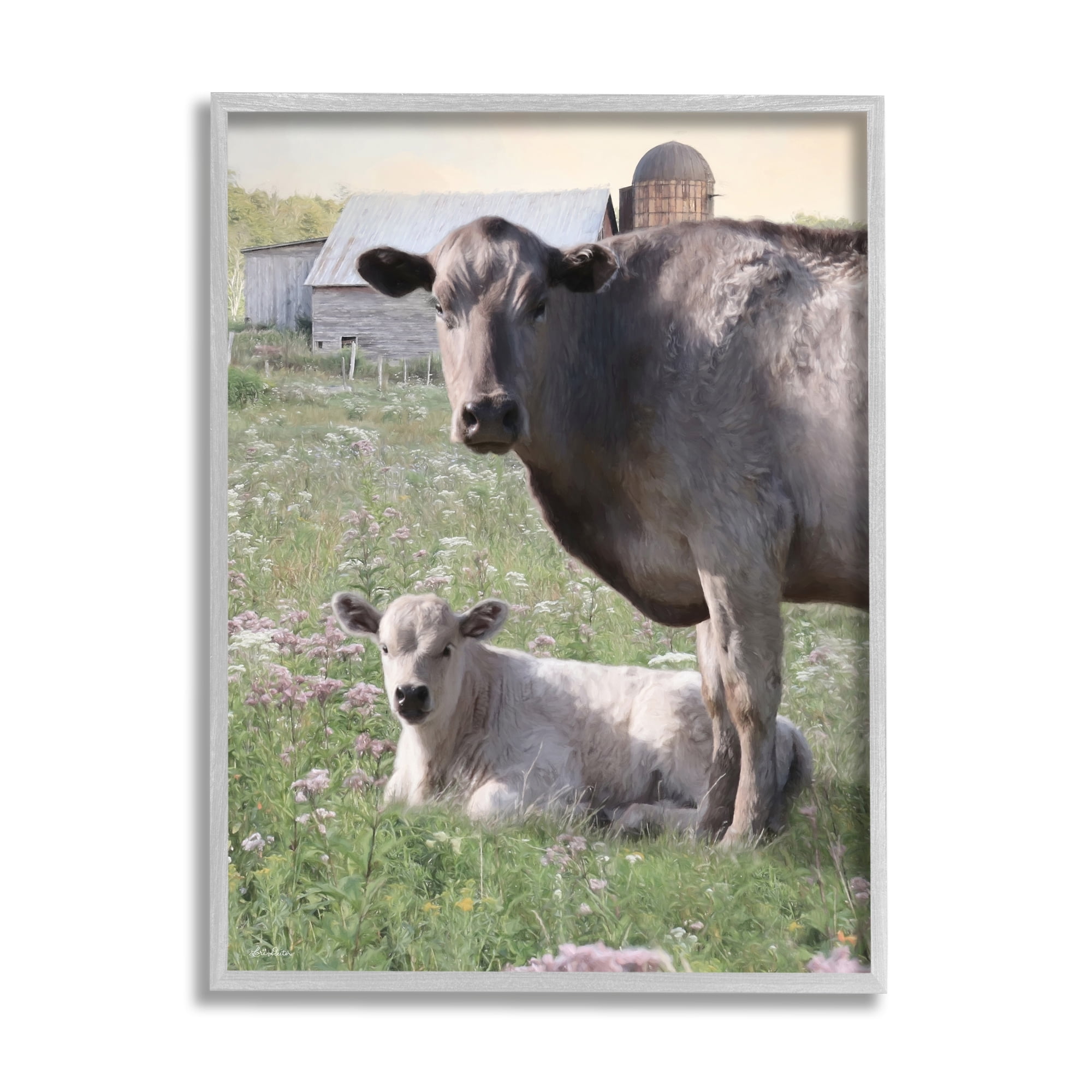 Stupell Country Cattle & Calf Farm Meadow Animals & Insects Photography Gray Framed Art Print Wall Art