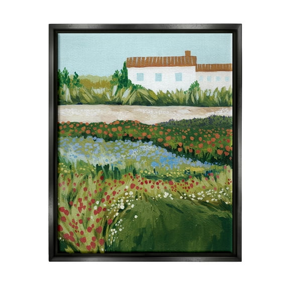 Stupell Country Cottage Meadow Road Landscape Painting Black Floater Framed Art Print Wall Art