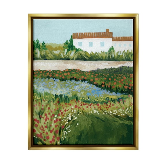 Stupell Country Cottage Meadow Road Landscape Painting Gold Floater Framed Art Print Wall Art
