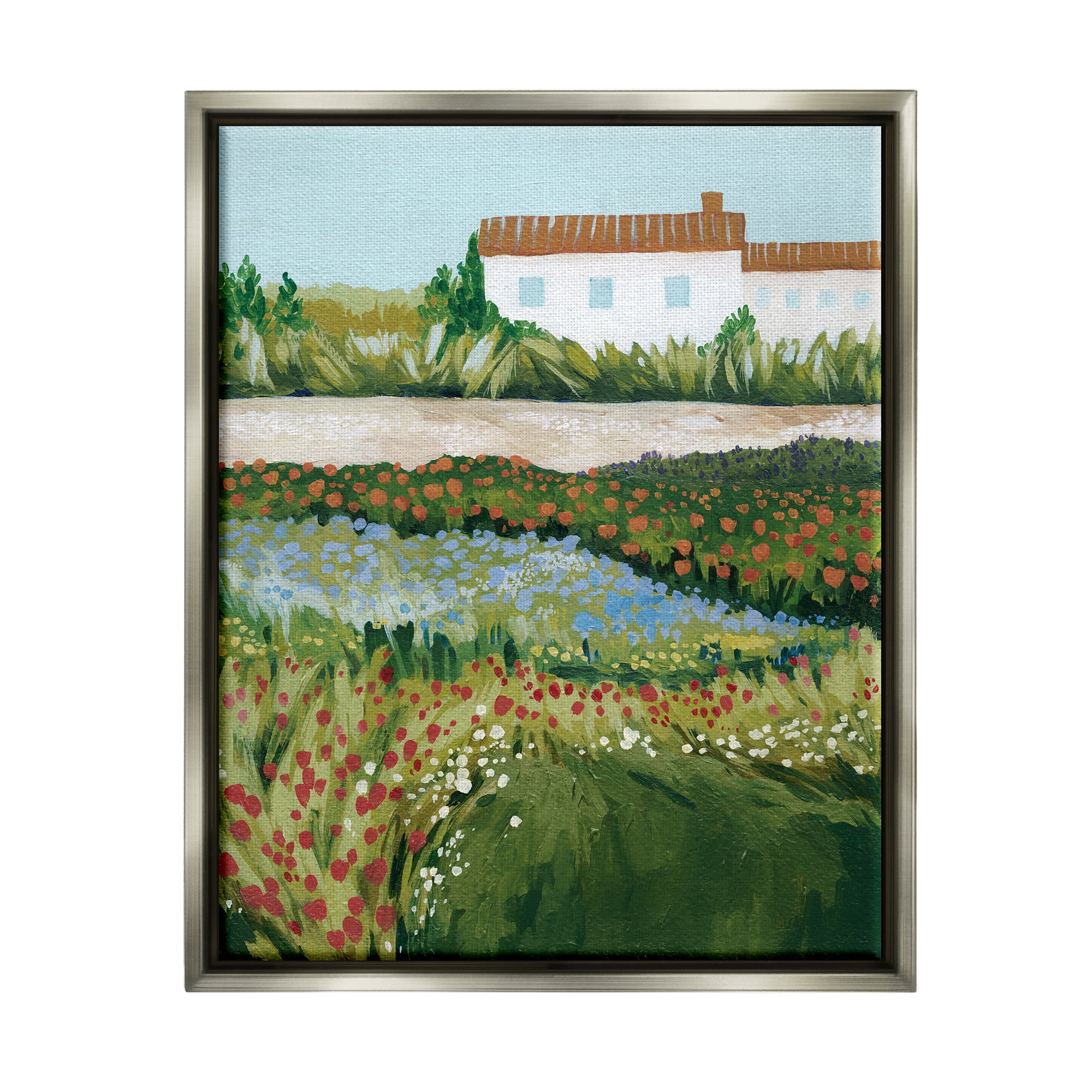Stupell Country Cottage Meadow Road Landscape Painting Gray Floater Framed Art Print Wall Art
