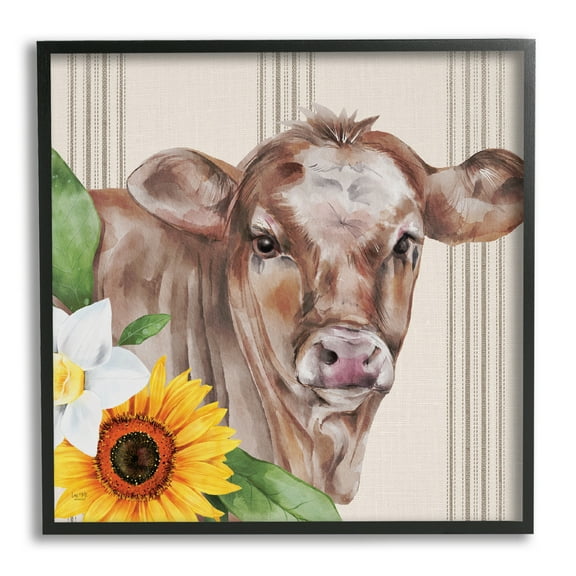Stupell Country Cow Floral Blooms Pattern Animals & Insects Painting Black Framed Art Print Wall Art