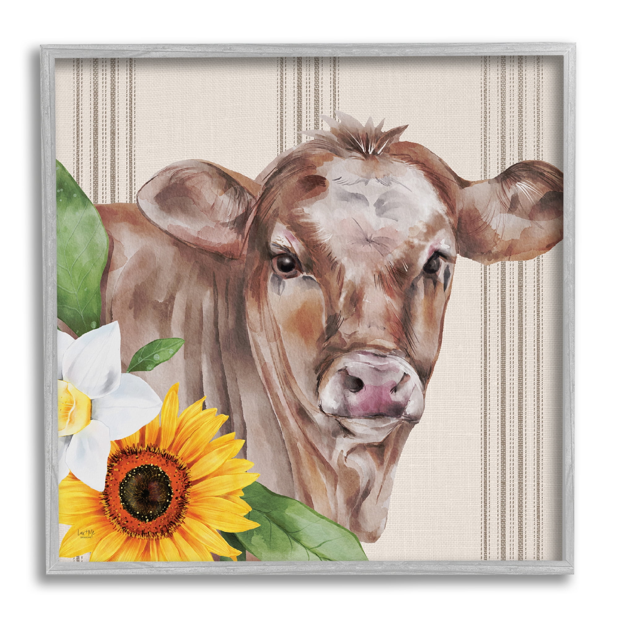 Stupell Country Cow Floral Blooms Pattern Animals & Insects Painting Gray Framed Art Print Wall Art