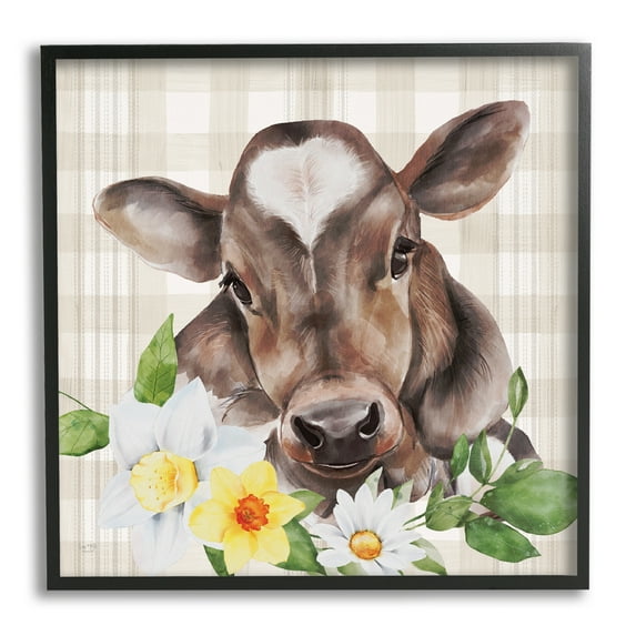 Stupell Country Gingham Floral Cow Animals & Insects Painting Black Framed Art Print Wall Art