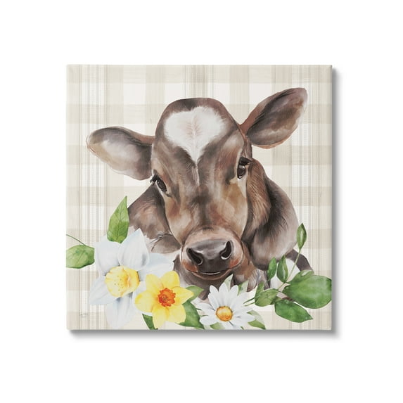 Stupell Country Gingham Floral Cow Animals & Insects Painting Gallery Wrapped Canvas Print Wall Art