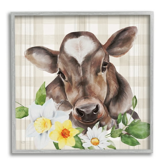 Stupell Country Gingham Floral Cow Animals & Insects Painting Gray Framed Art Print Wall Art