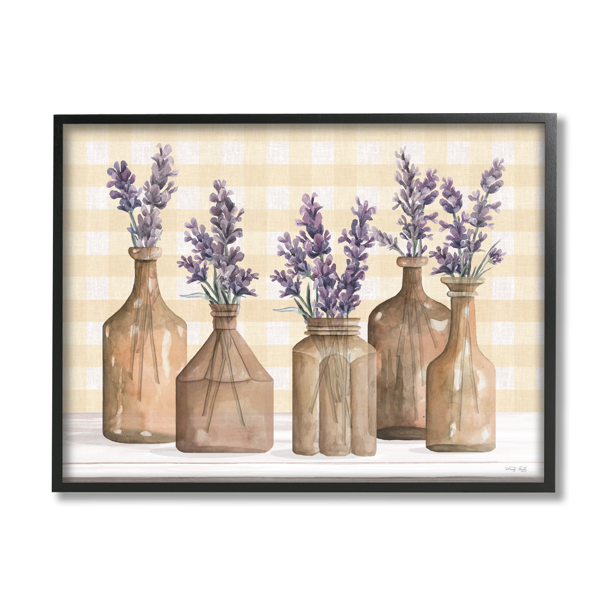 Stupell Country Gingham Lavender Sprigs Botanical & Floral Painting Black Framed Art Print Wall Art