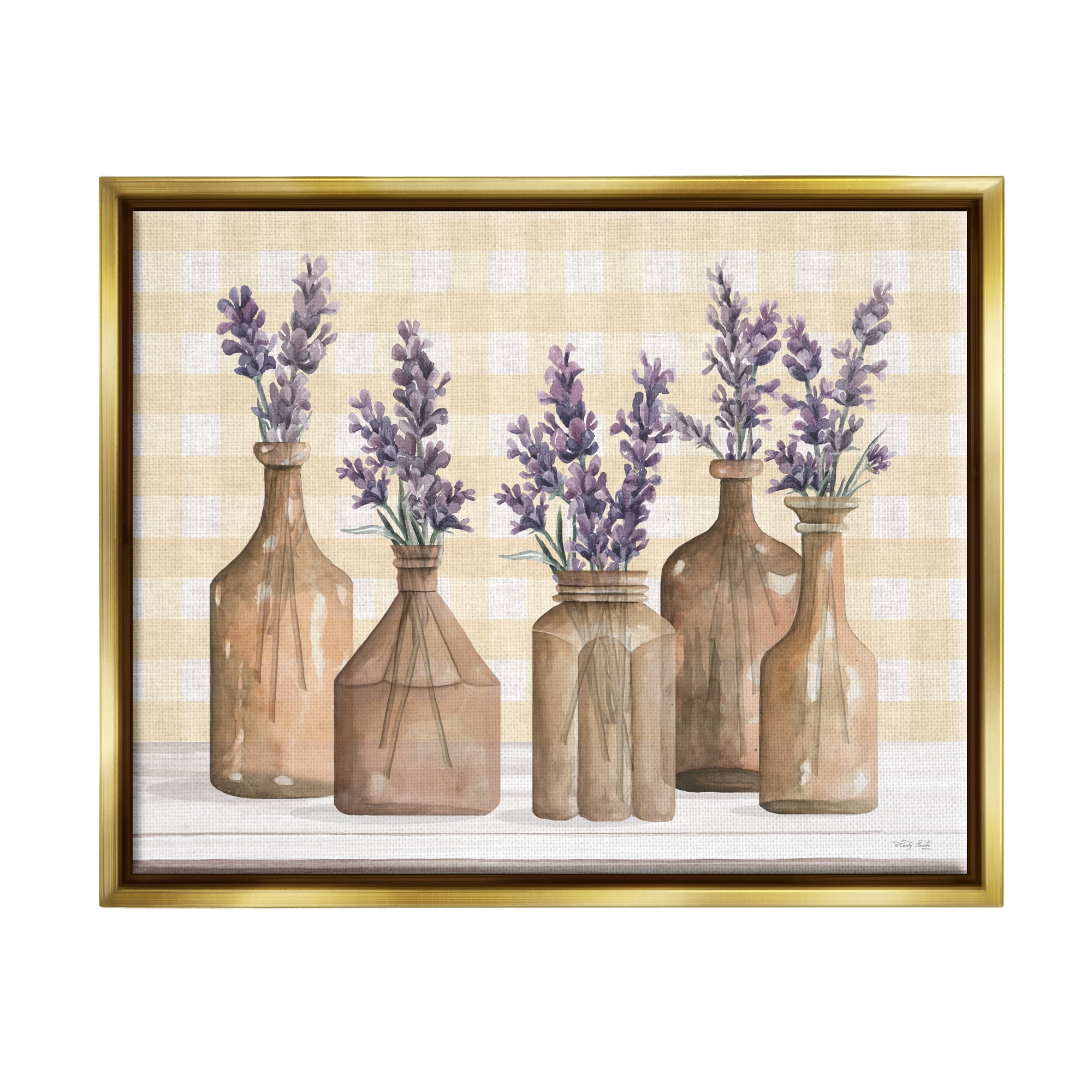 Stupell Country Gingham Lavender Sprigs Botanical & Floral Painting Gold Floater Framed Art Print Wall Art