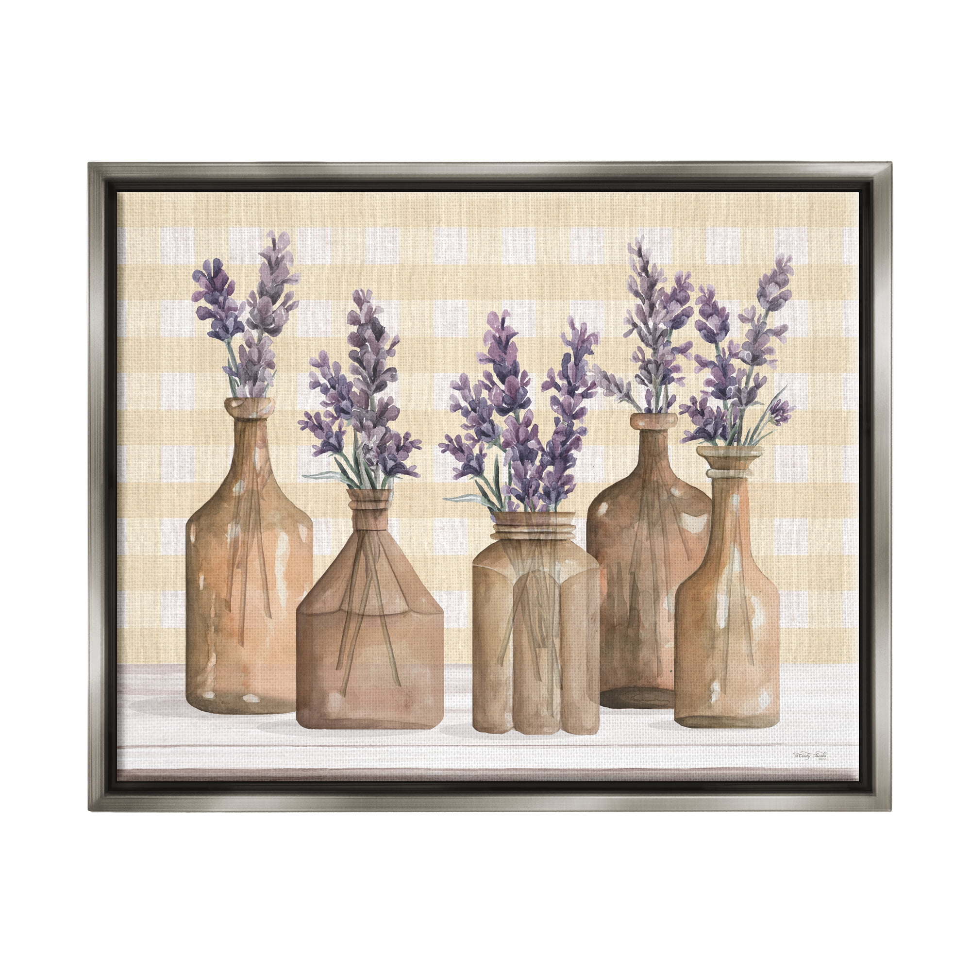 Stupell Country Gingham Lavender Sprigs Botanical & Floral Painting Gray Floater Framed Art Print Wall Art