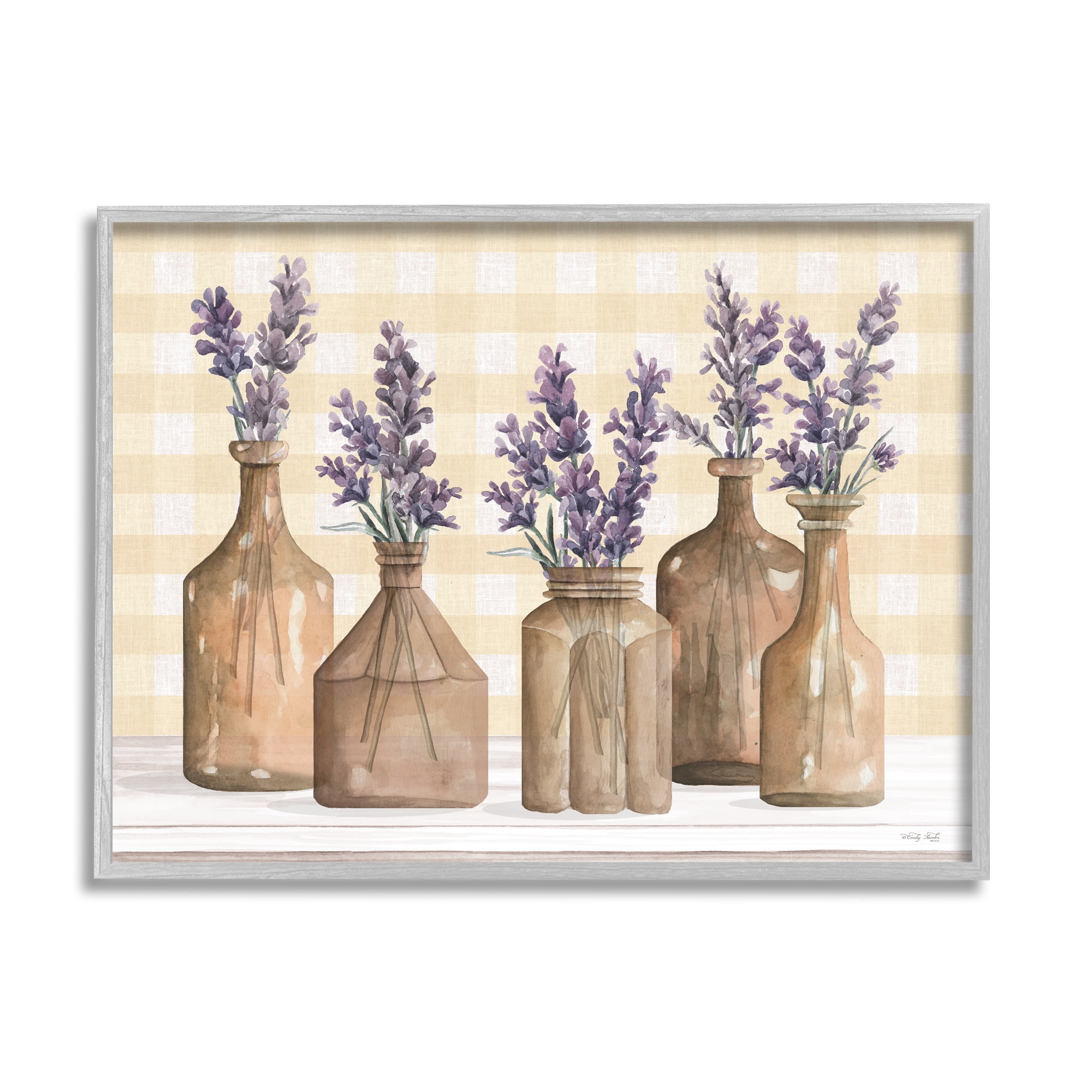 Stupell Country Gingham Lavender Sprigs Botanical & Floral Painting Gray Framed Art Print Wall Art