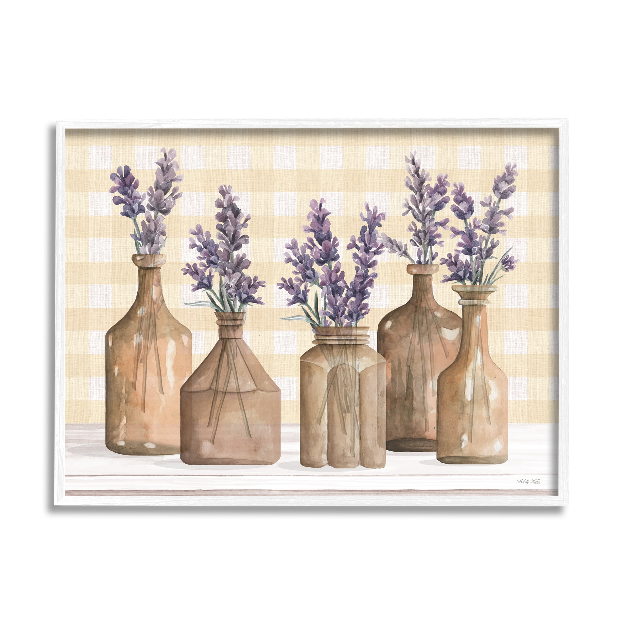 Stupell Country Gingham Lavender Sprigs Botanical & Floral Painting White Framed Art Print Wall Art