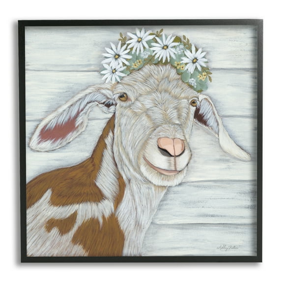 Stupell Country Goat Daisy Flower Crown Animals & Insects Painting Black Framed Art Print Wall Art