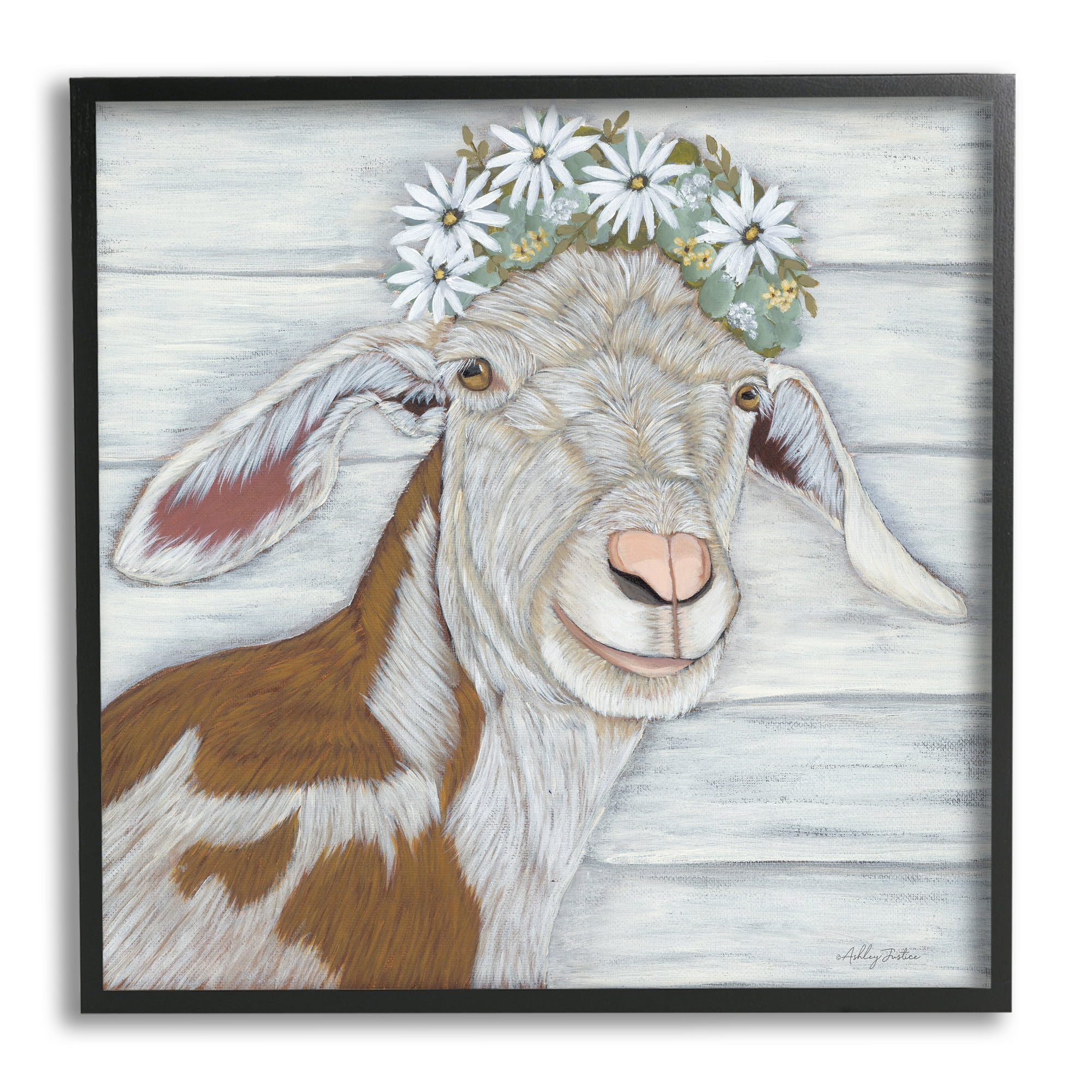 Stupell Country Goat Daisy Flower Crown Animals & Insects Painting Black Framed Art Print Wall Art