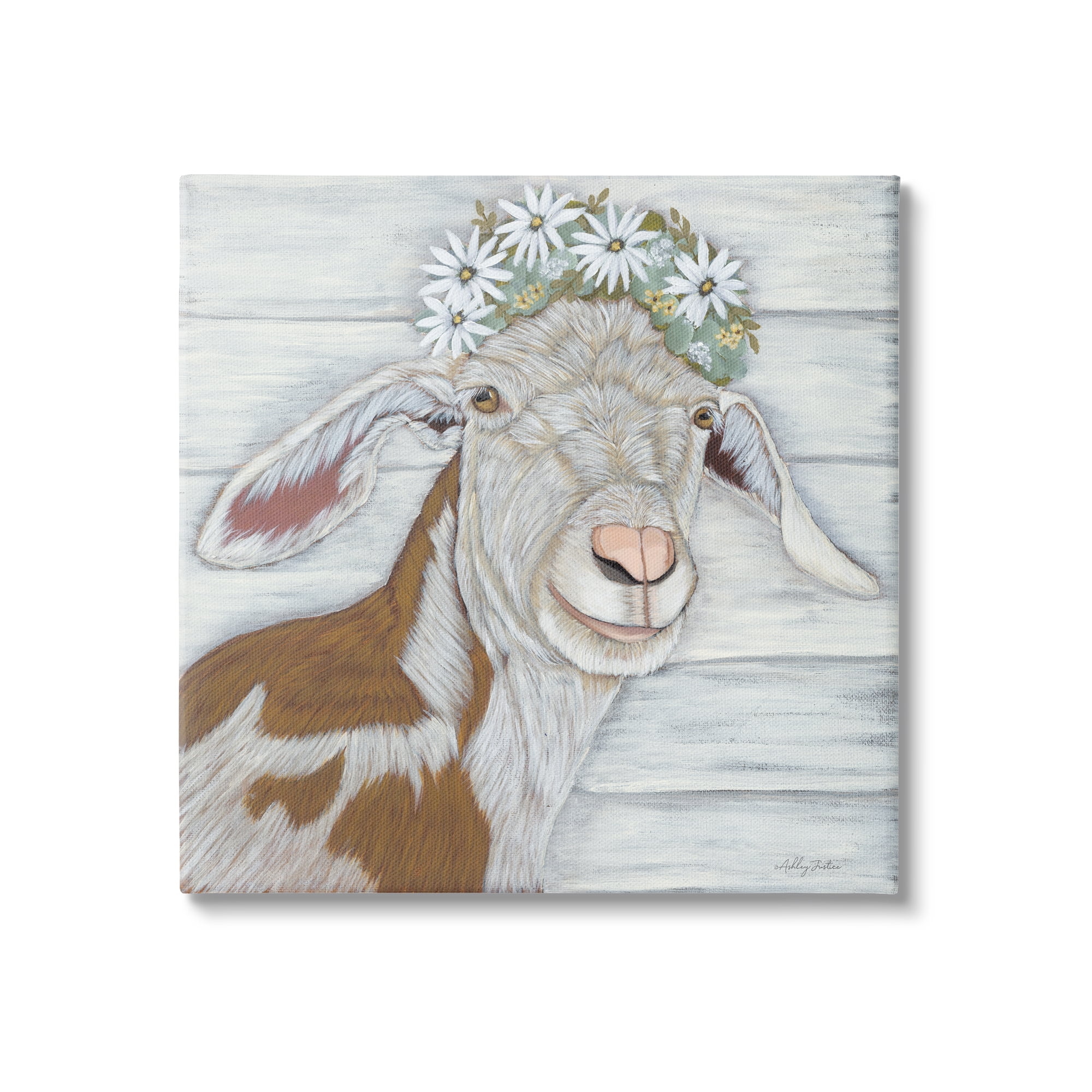 Rustic Brown and White Goat Canvas Wall Art with Daisy Crown