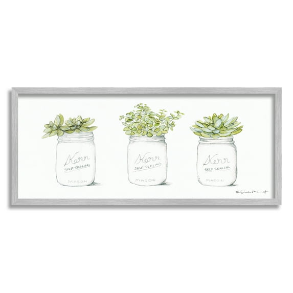 Stupell Country Greenery Succulent Jars Botanical & Floral Painting Gray Framed Art Print Wall Art