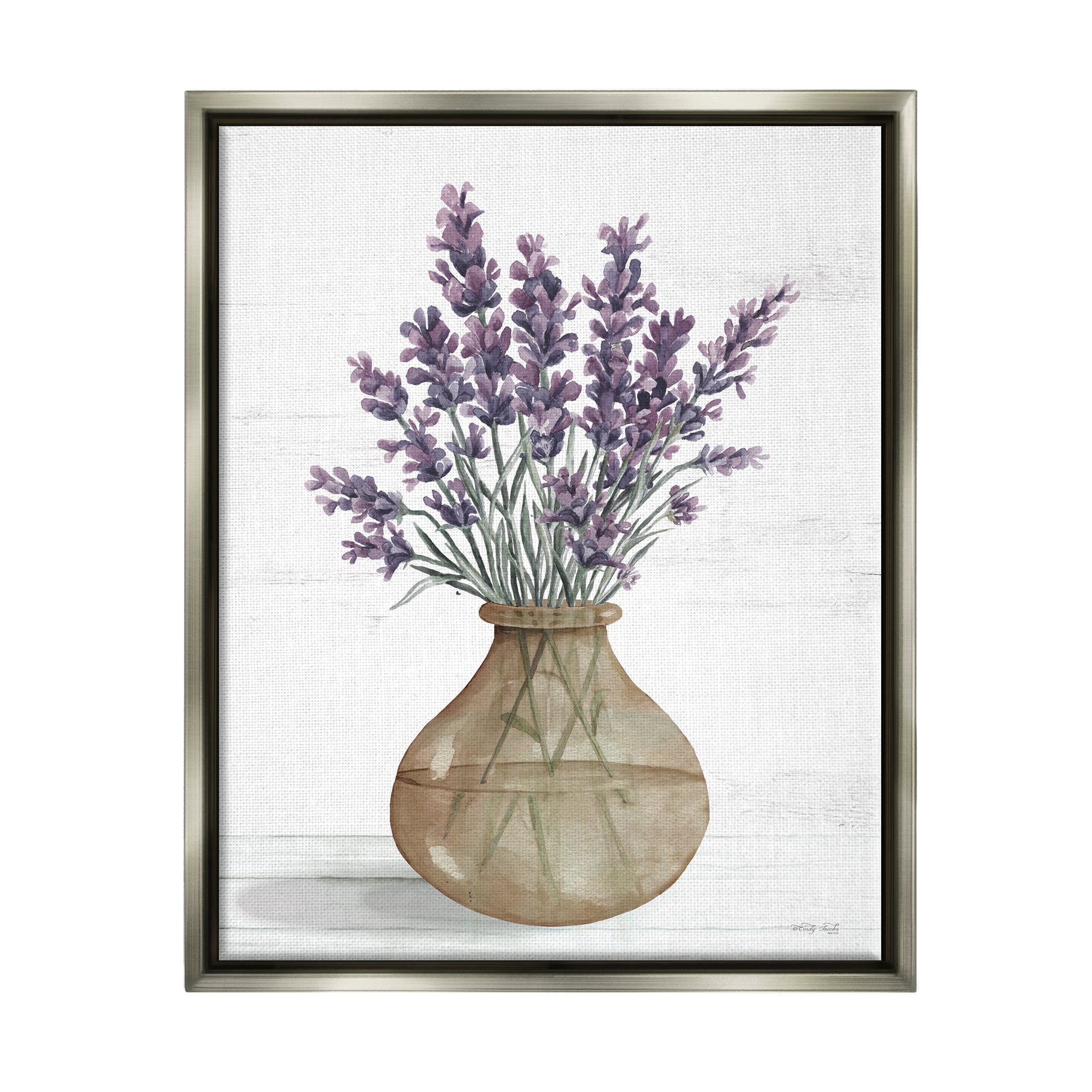 Stupell Country Lavender Sprigs Vase Botanical & Floral Painting Gray Floater Framed Art Print Wall Art