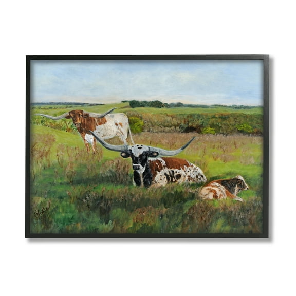 Stupell Country Pasture Longhorn Cattle Animals & Insects Painting Black Framed Art Print Wall Art