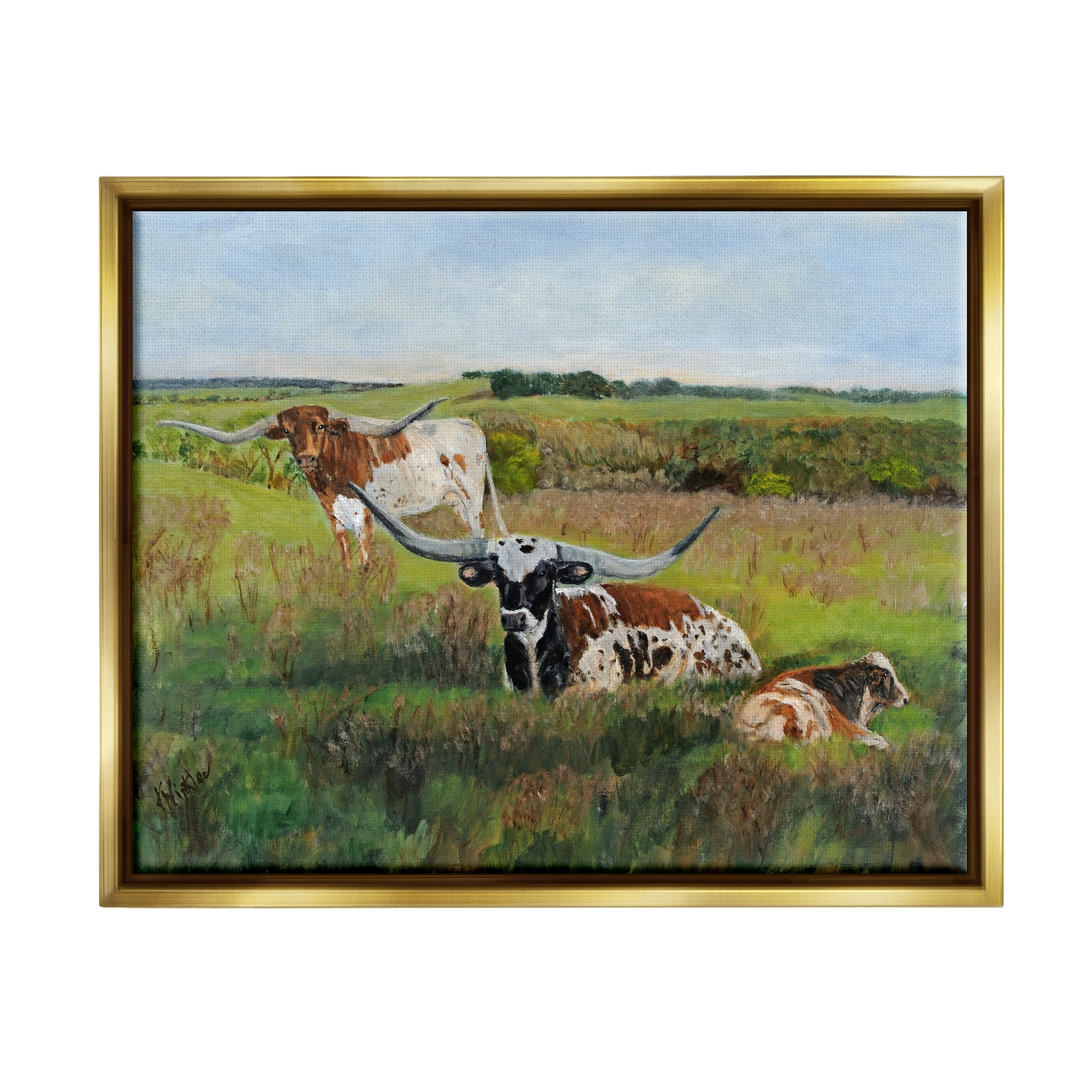 Stupell Country Pasture Longhorn Cattle Animals & Insects Painting Gold Floater Framed Art Print Wall Art