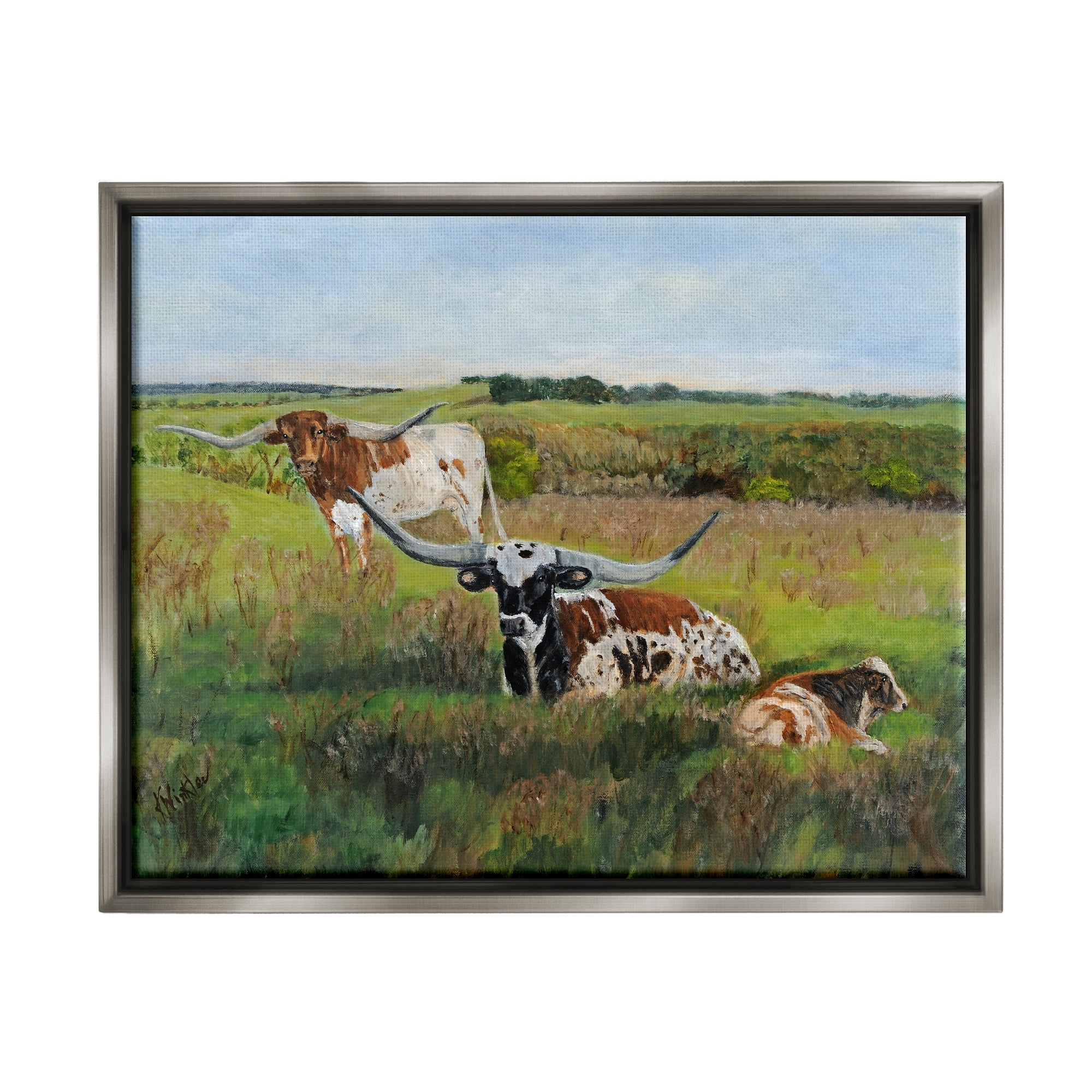 Stupell Country Pasture Longhorn Cattle Animals & Insects Painting Gray Floater Framed Art Print Wall Art