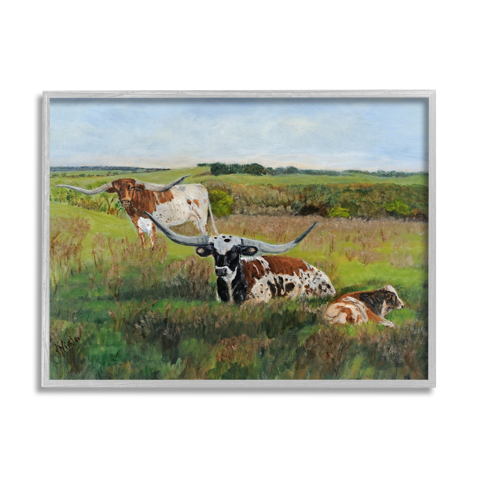 Stupell Country Pasture Longhorn Cattle Animals & Insects Painting Gray Framed Art Print Wall Art