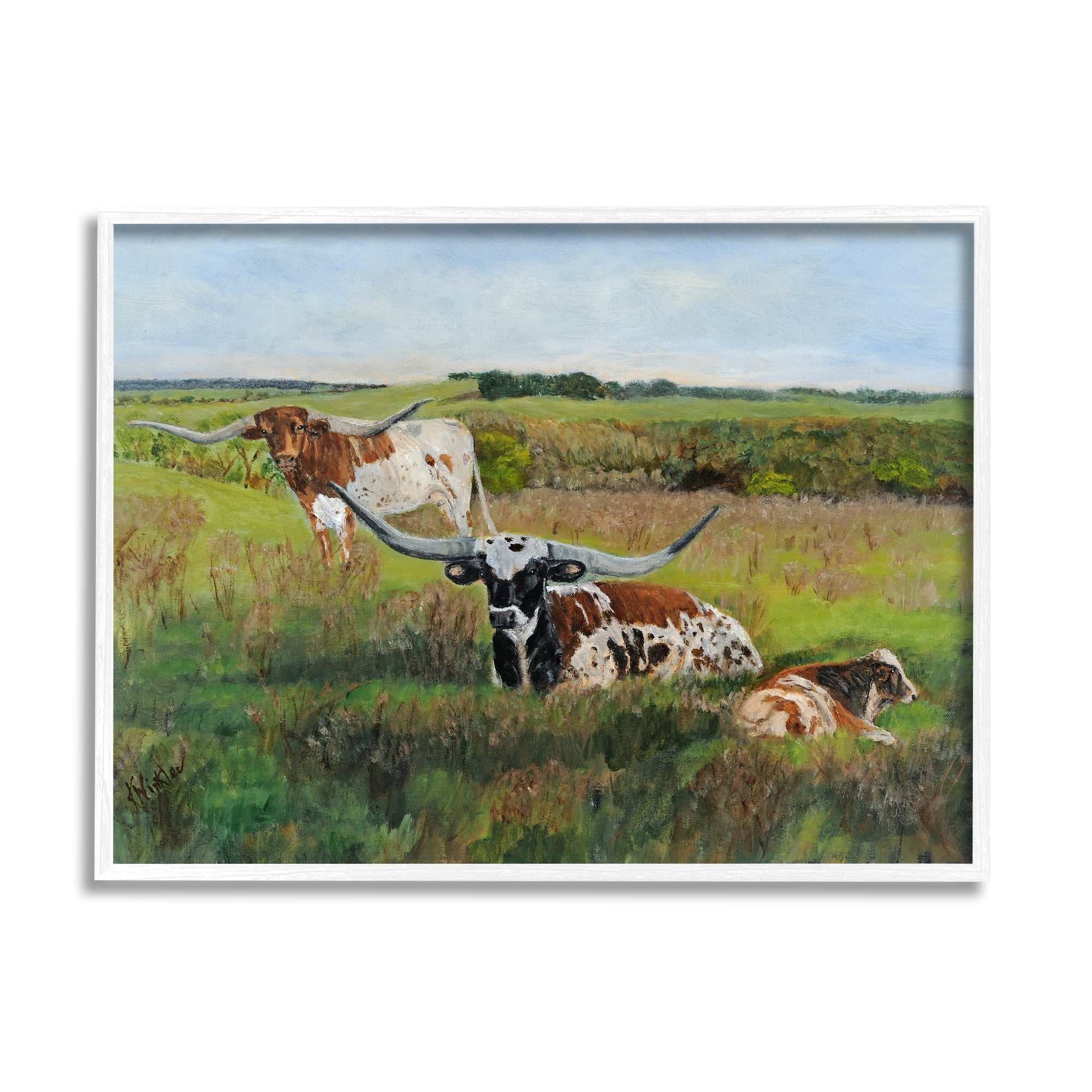 White Framed Country Pasture Longhorn Cattle Painting Print