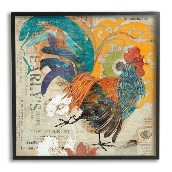 Stupell Country Rooster Vintage Collage Animals & Insects Painting Black Framed Art Print Wall Art