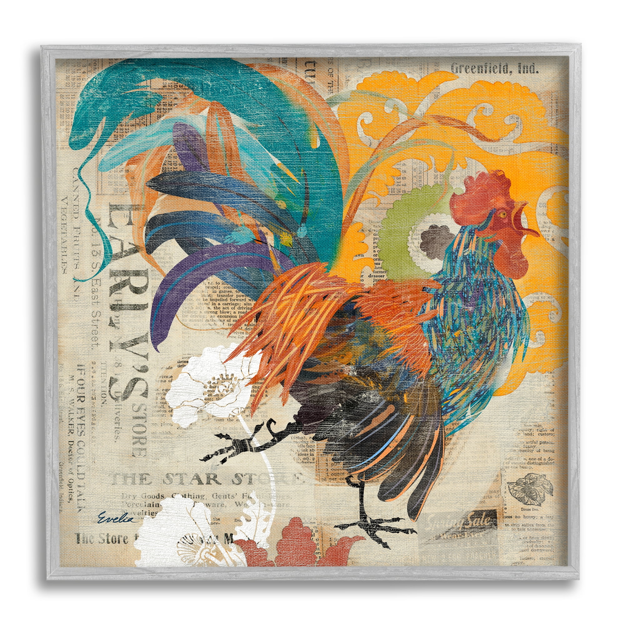 Stupell Country Rooster Vintage Collage Animals & Insects Painting Gray Framed Art Print Wall Art
