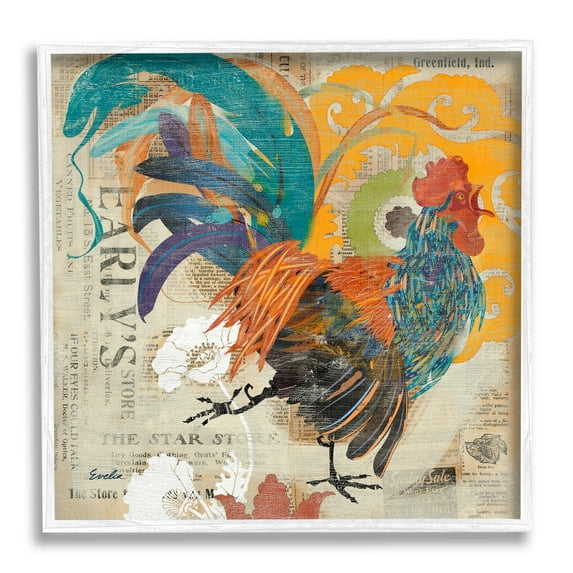 Stupell Country Rooster Vintage Collage Animals & Insects Painting White Framed Art Print Wall Art