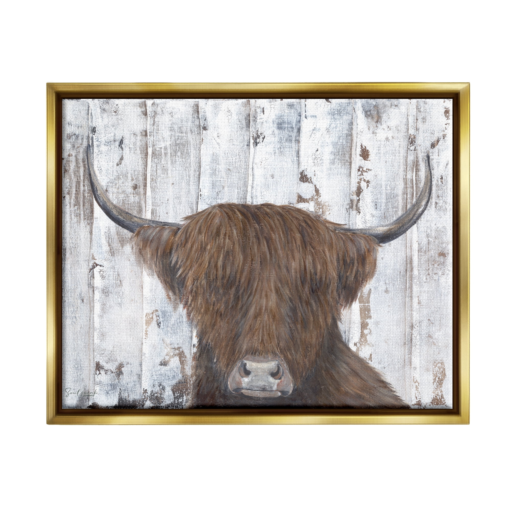 Stupell Country Rustic Highland Cattle Portrait Animals & Insects Painting Gold Floater Framed Art Print Wall Art