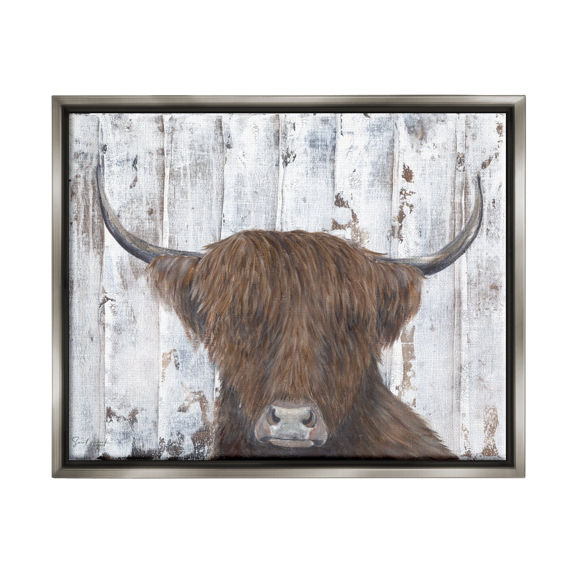Stupell Country Rustic Highland Cattle Portrait Animals & Insects Painting Gray Floater Framed Art Print Wall Art