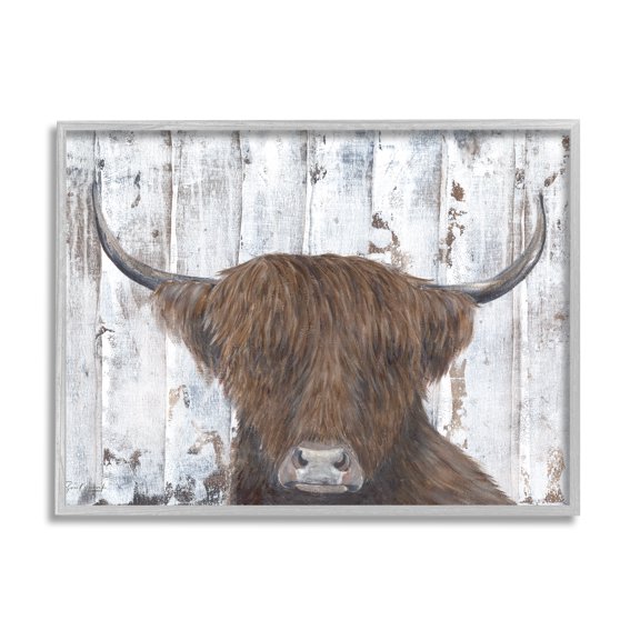 Stupell Country Rustic Highland Cattle Portrait Animals & Insects Painting Gray Framed Art Print Wall Art