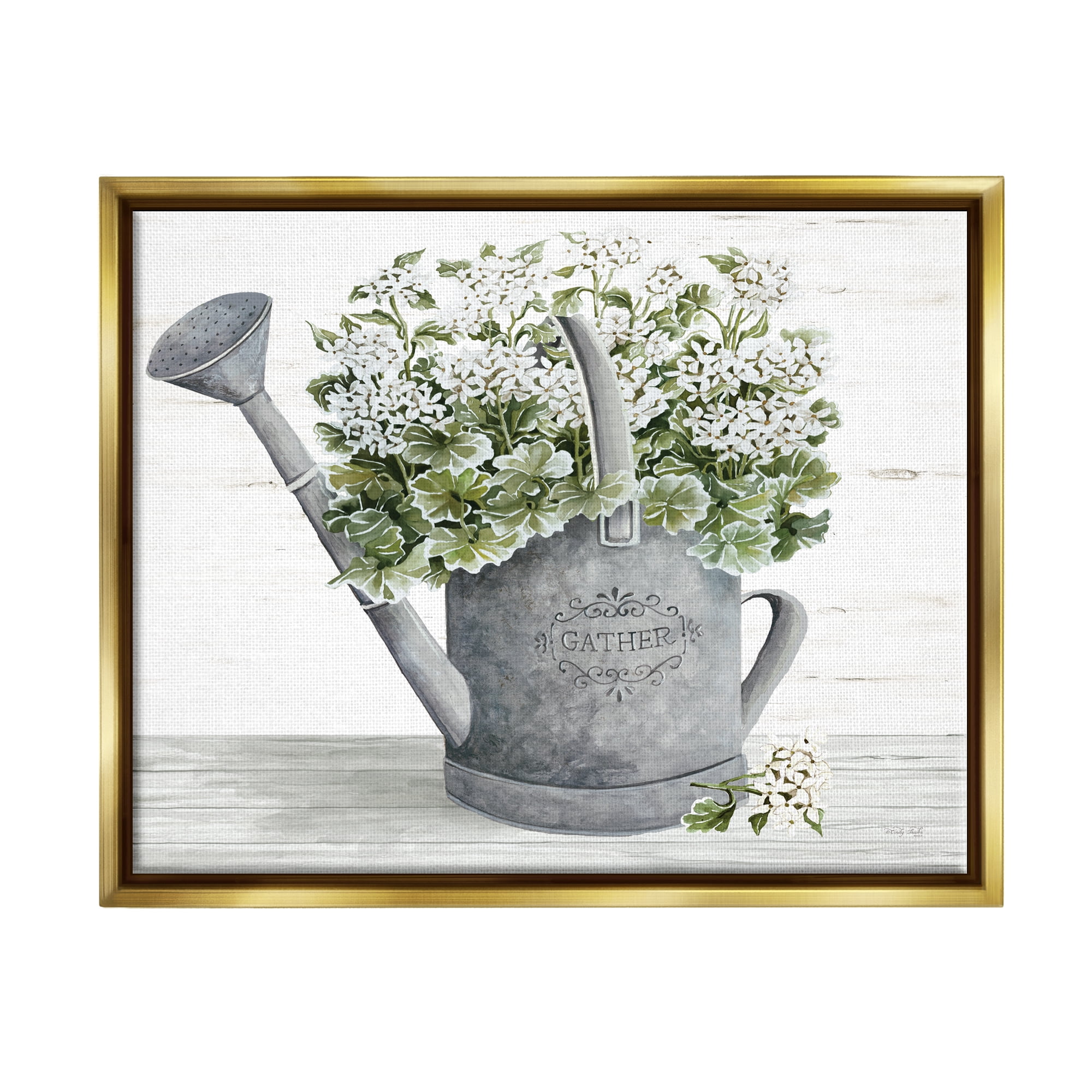 Stupell Country Watering Can Bouquet Botanical & Floral Painting Gold Floater Framed Art Print Wall Art
