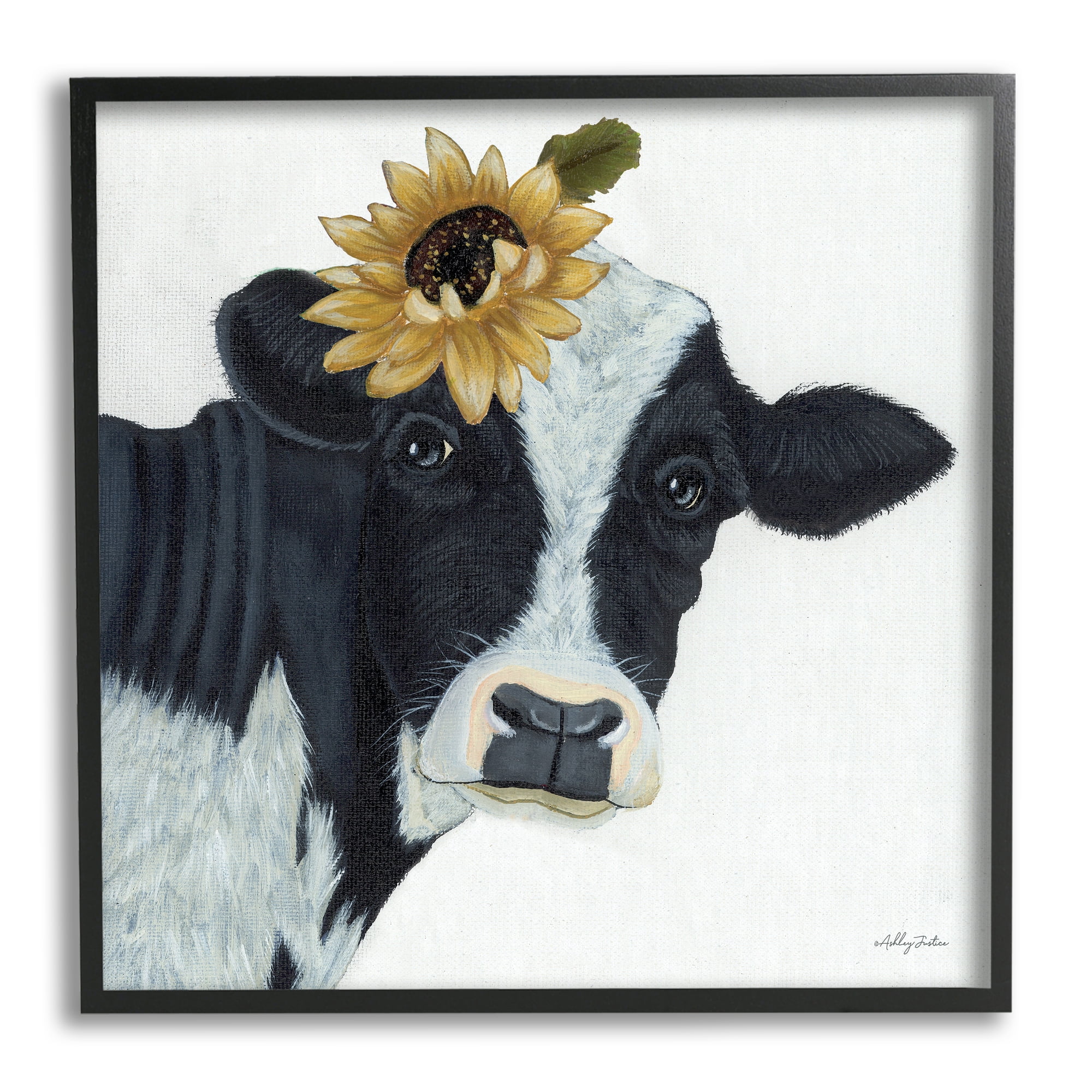 Stupell Cow Portrait Sunflower Blossom Farmhouse Animals & Insects Painting Black Framed Art Print Wall Art
