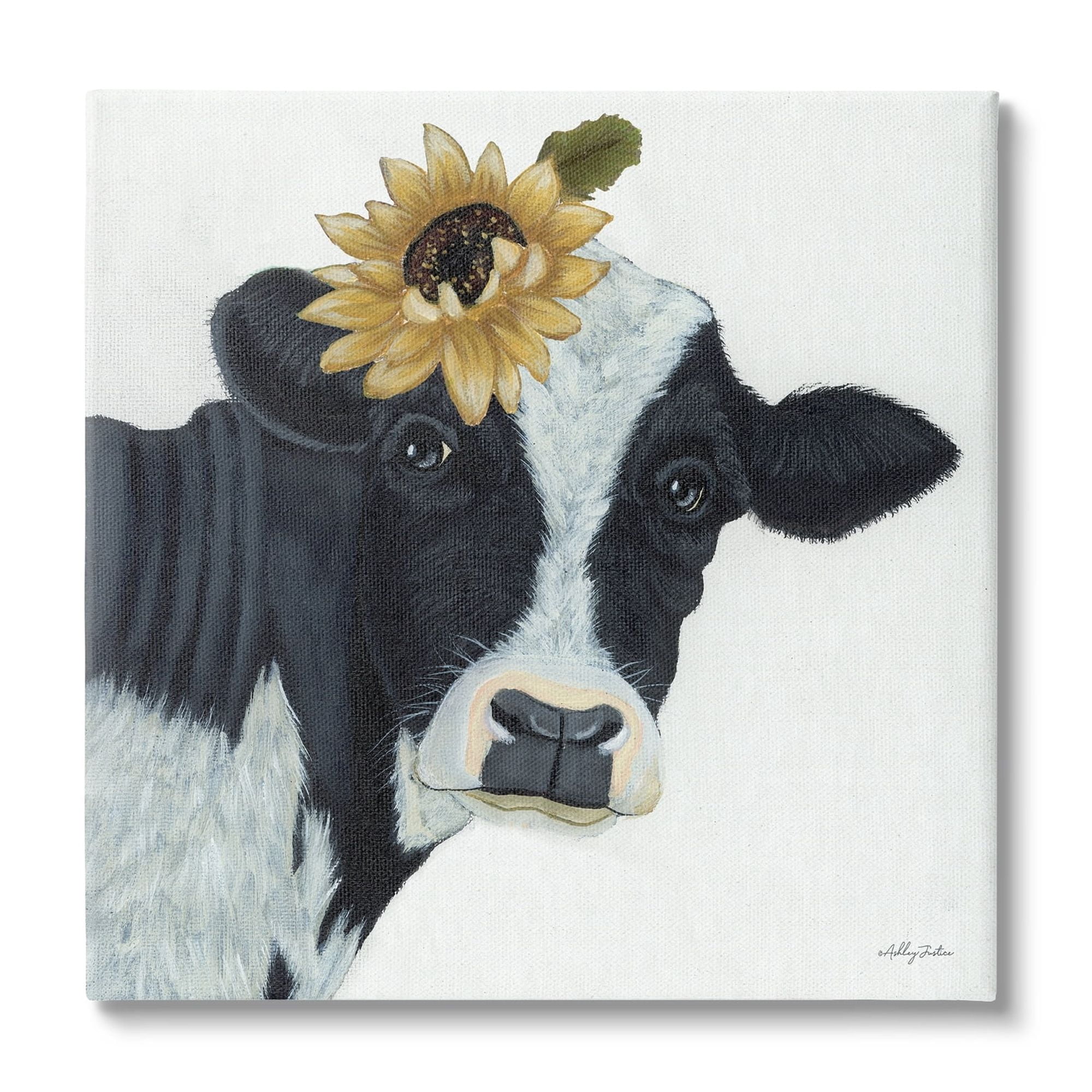 Stupell Cow Portrait Sunflower Blossom Farmhouse Animals & Insects Painting Gallery Wrapped Canvas Print Wall Art