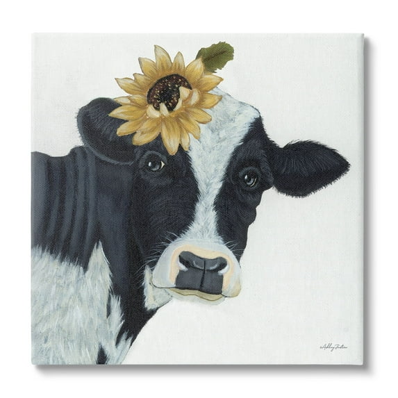 Stupell Cow Portrait Sunflower Blossom Farmhouse Animals & Insects Painting Gallery Wrapped Canvas Print Wall Art