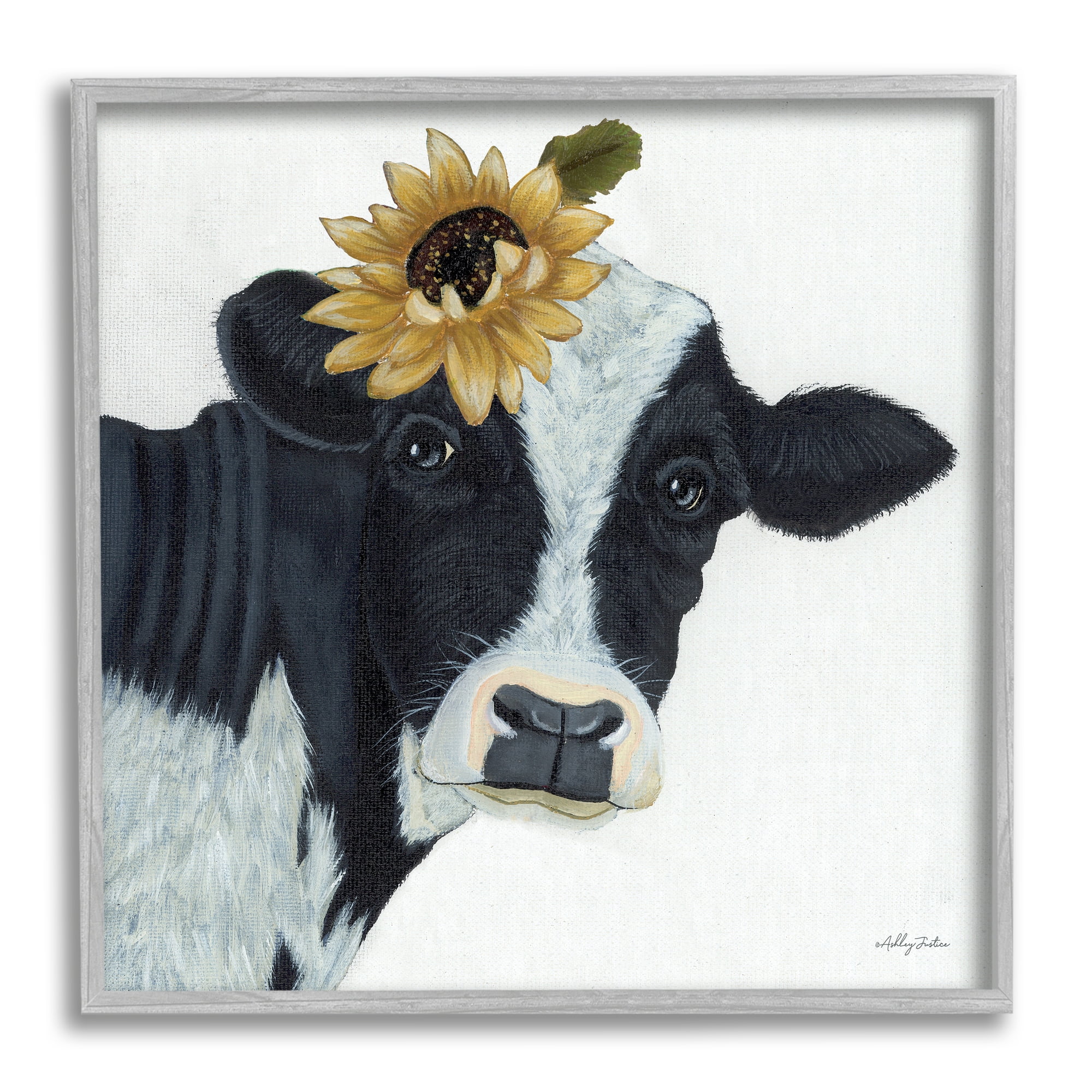 Stupell Cow Portrait Sunflower Blossom Farmhouse Animals & Insects Painting Gray Framed Art Print Wall Art