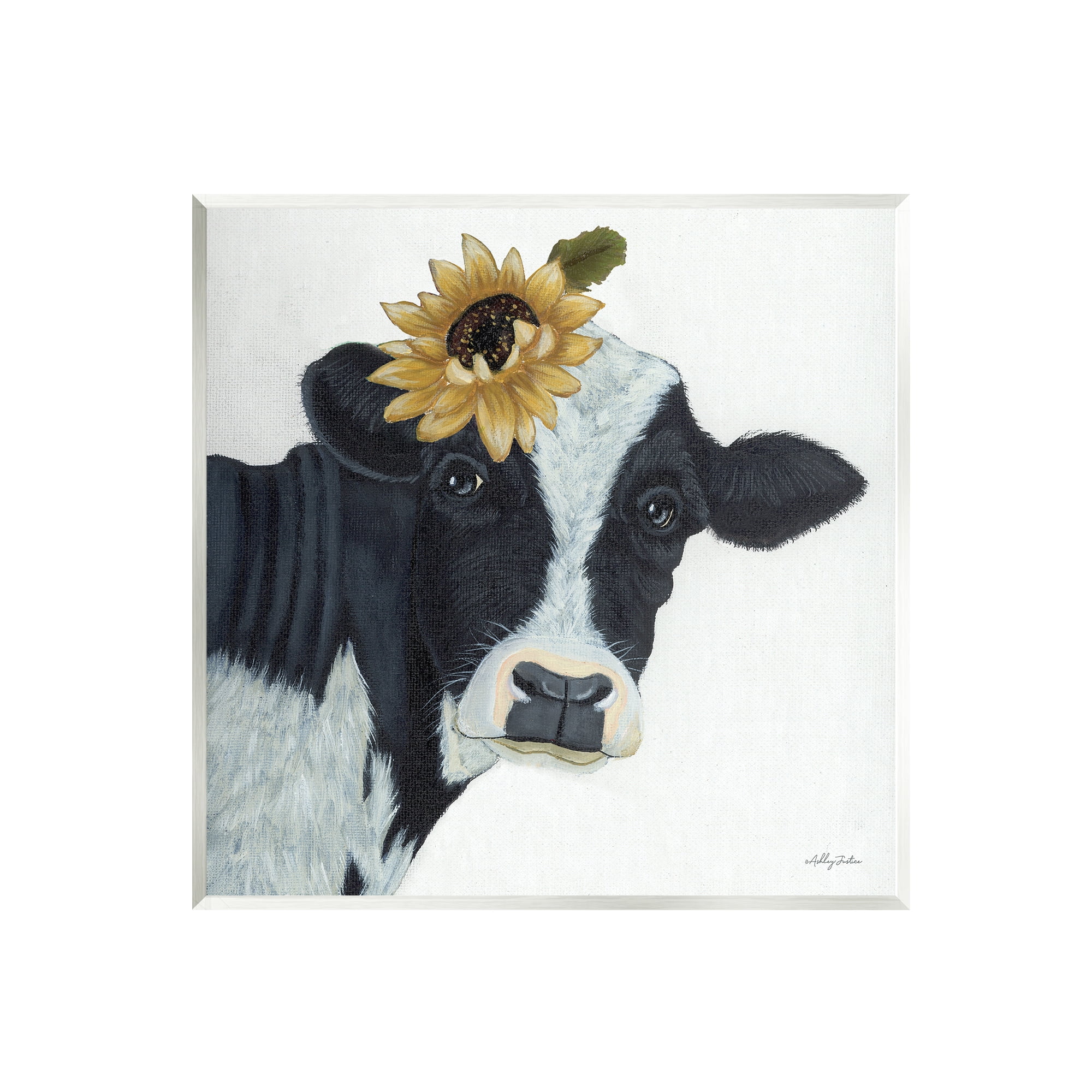 Stupell Cow Portrait Sunflower Blossom Farmhouse Animals & Insects Painting Wall Plaque Unframed Art Print Wall Art