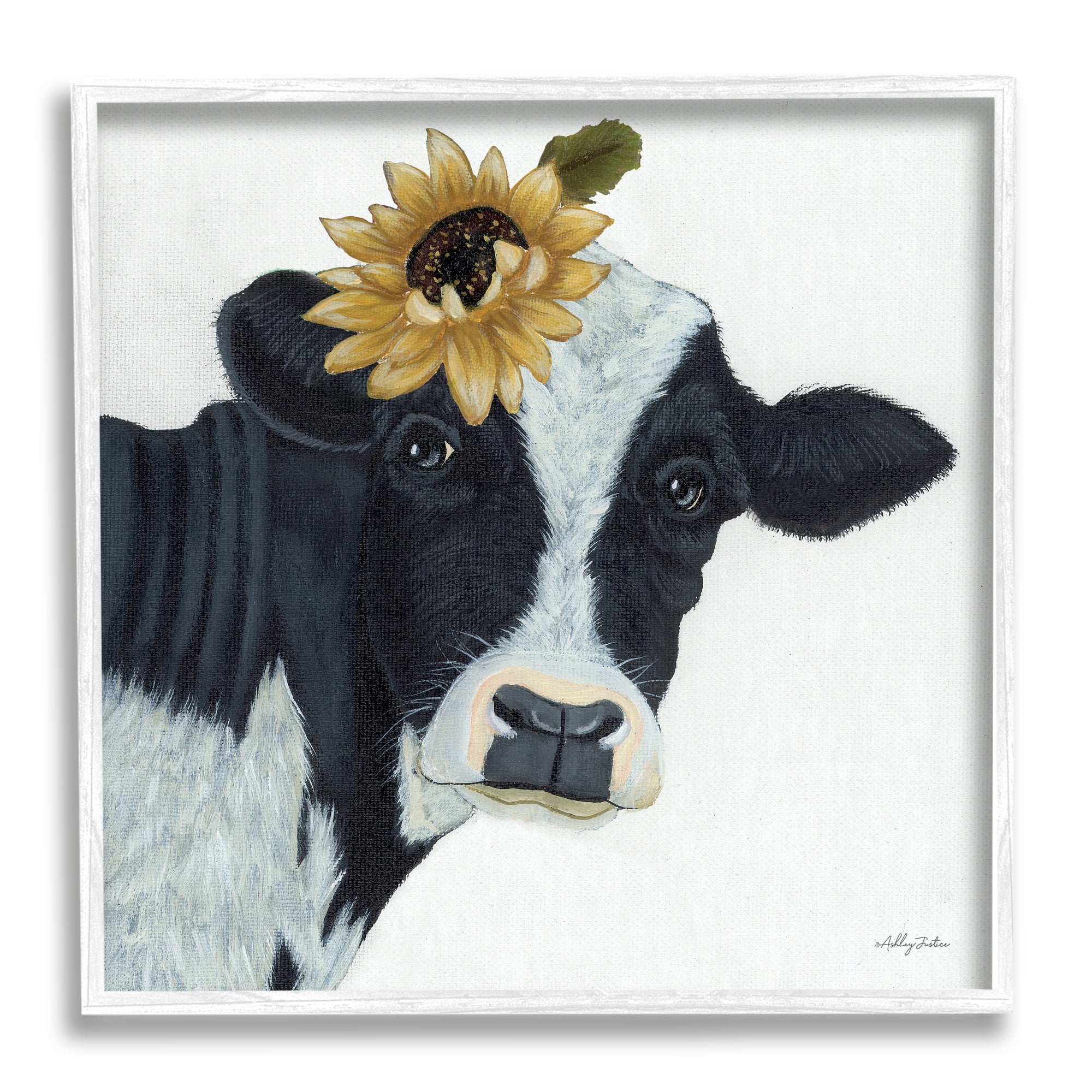 Stupell Cow Portrait Sunflower Blossom Farmhouse Animals & Insects Painting White Framed Art Print Wall Art