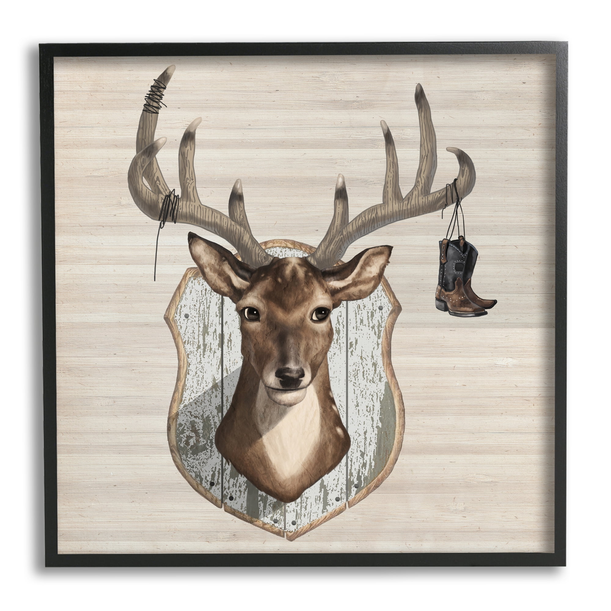 Stupell Cowboy Boots Hanging Deer Antlers Animals & Insects Painting Black Framed Art Print Wall Art