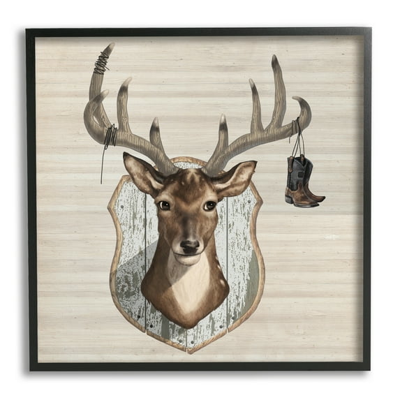 Stupell Cowboy Boots Hanging Deer Antlers Animals & Insects Painting Black Framed Art Print Wall Art