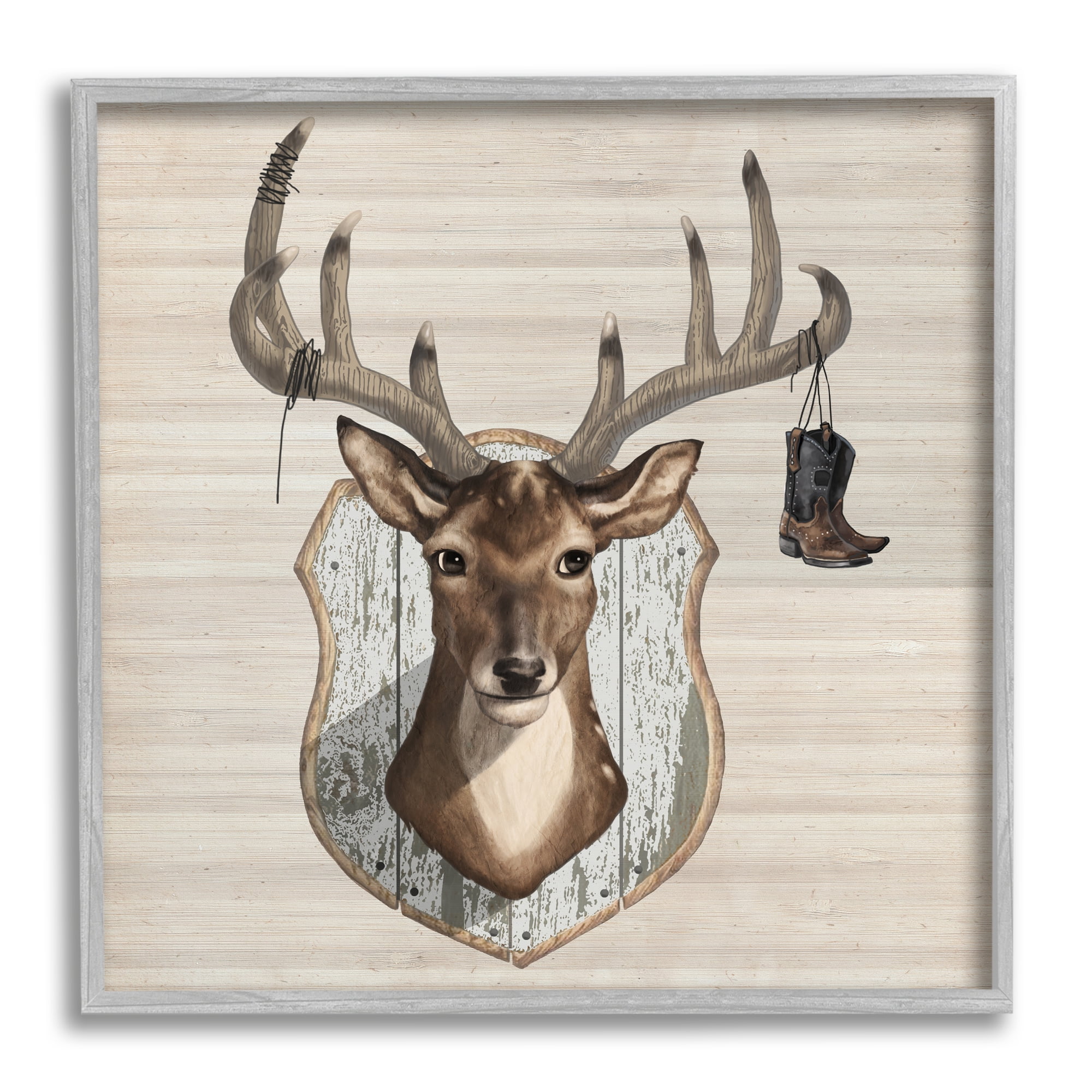 Stupell Cowboy Boots Hanging Deer Antlers Animals & Insects Painting Gray Framed Art Print Wall Art
