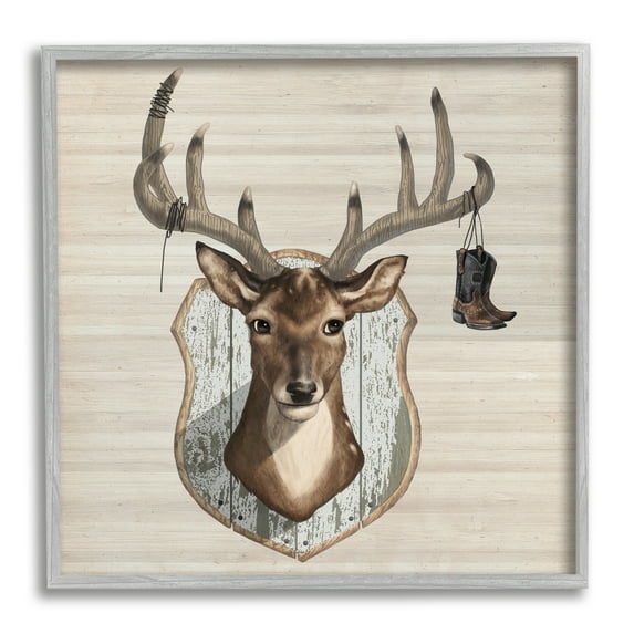 Stupell Cowboy Boots Hanging Deer Antlers Animals & Insects Painting Gray Framed Art Print Wall Art