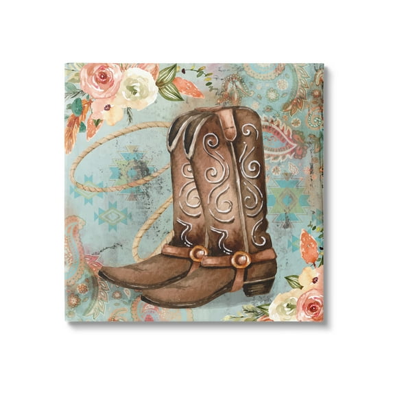 Stupell Cowboy Boots Western Paisley Florals Botanical & Floral Painting Gallery Wrapped Canvas Print Wall Art