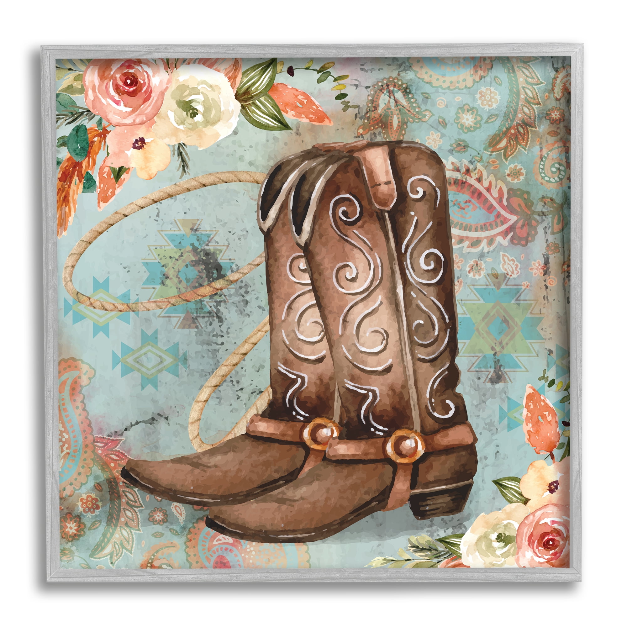 Stupell Cowboy Boots Western Paisley Florals Botanical & Floral Painting Gray Framed Art Print Wall Art