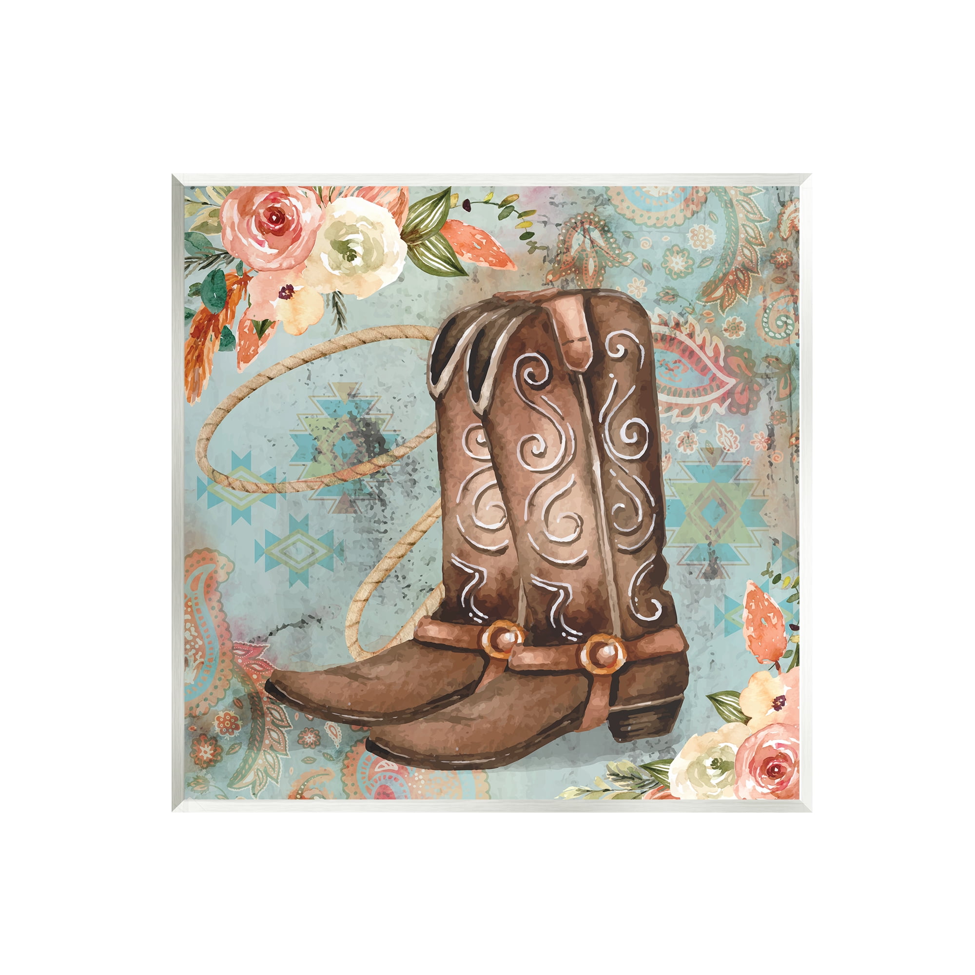 Stupell Cowboy Boots Western Paisley Florals Botanical & Floral Painting Wall Plaque Unframed Art Print Wall Art